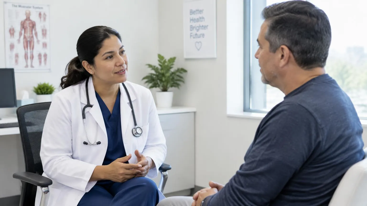 Profesional de salud conversando con un paciente durante una evaluación de síntomas urinarios