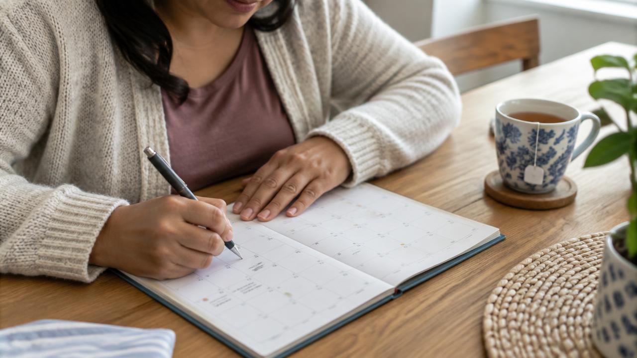 Mujer registrando fechas de menstruación y síntomas en un calendario