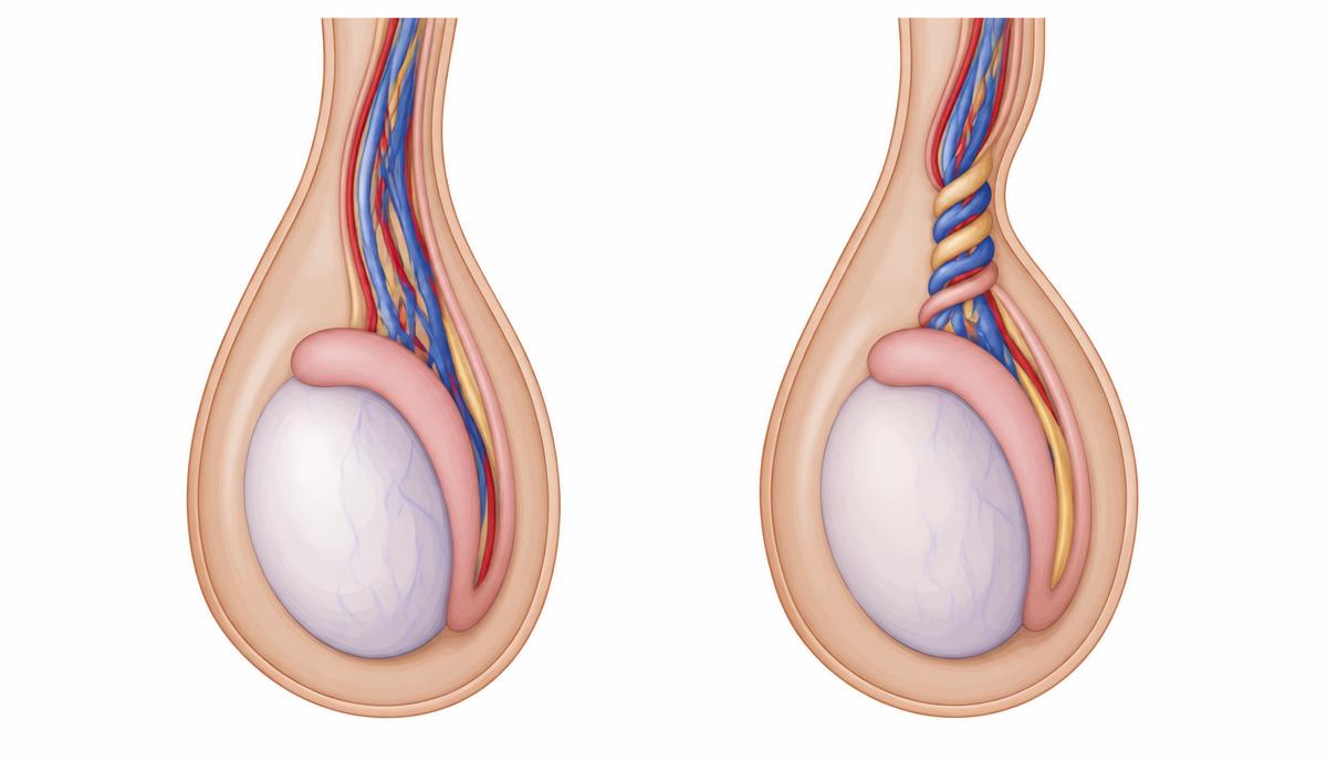 Ilustración de torsión testicular y giro del cordón espermático.