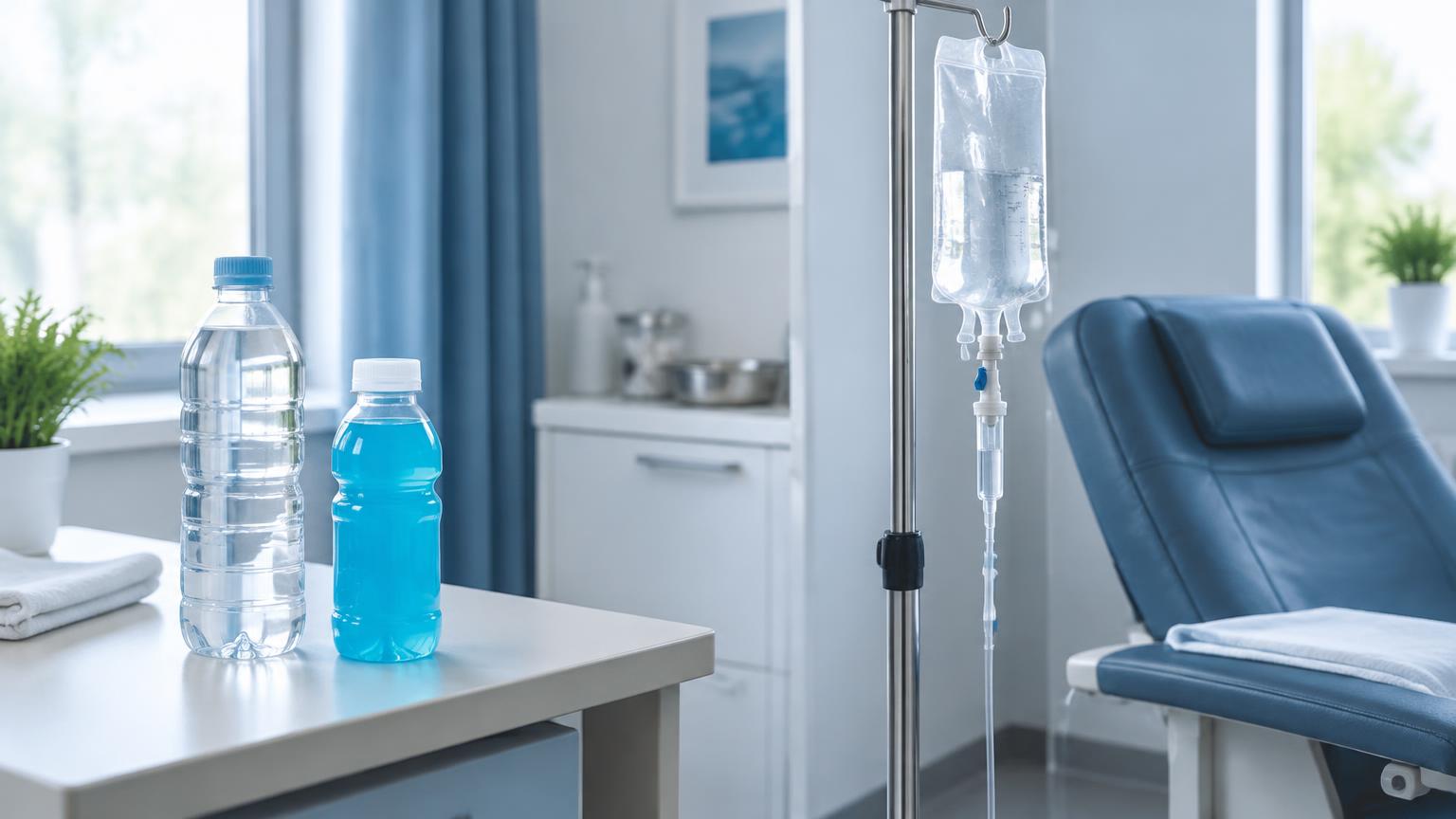 Agua y solución de rehidratación oral junto a una bolsa de suero intravenoso en una sala de la clínica