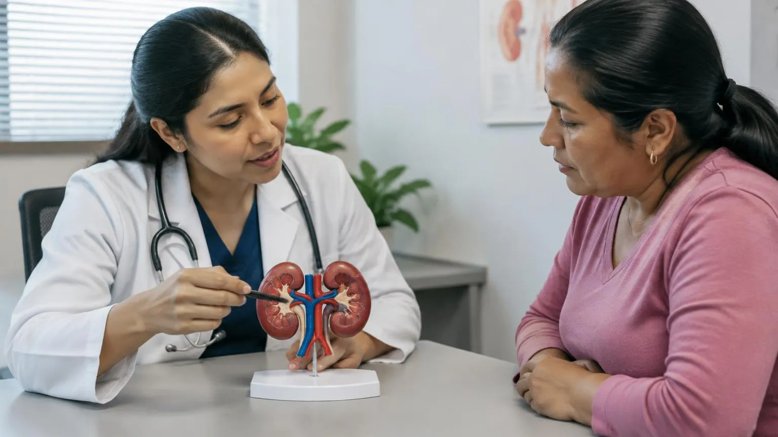 Profesional explicando cómo la función renal influye en el control de líquidos y minerales