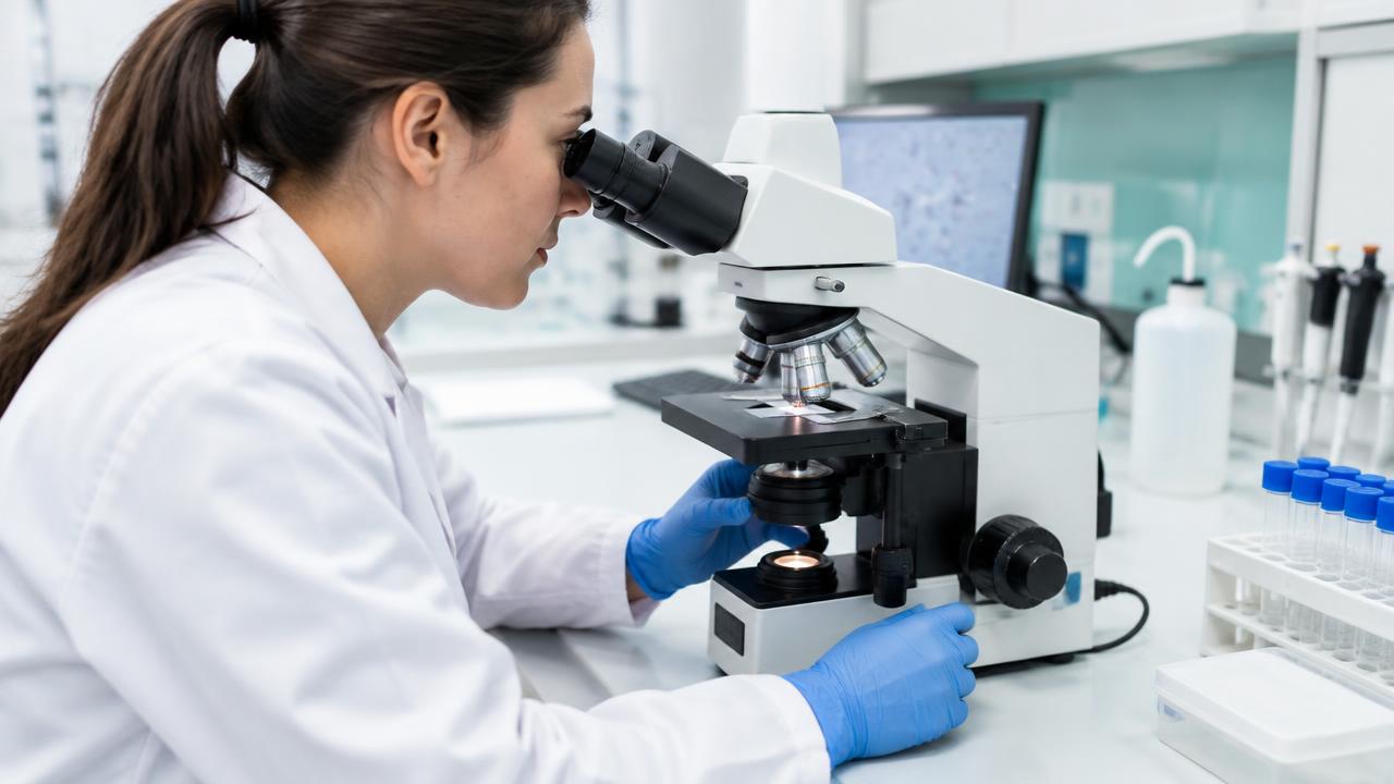 Microscopio de laboratorio empleado para examinar células y otros elementos de una muestra de orina.