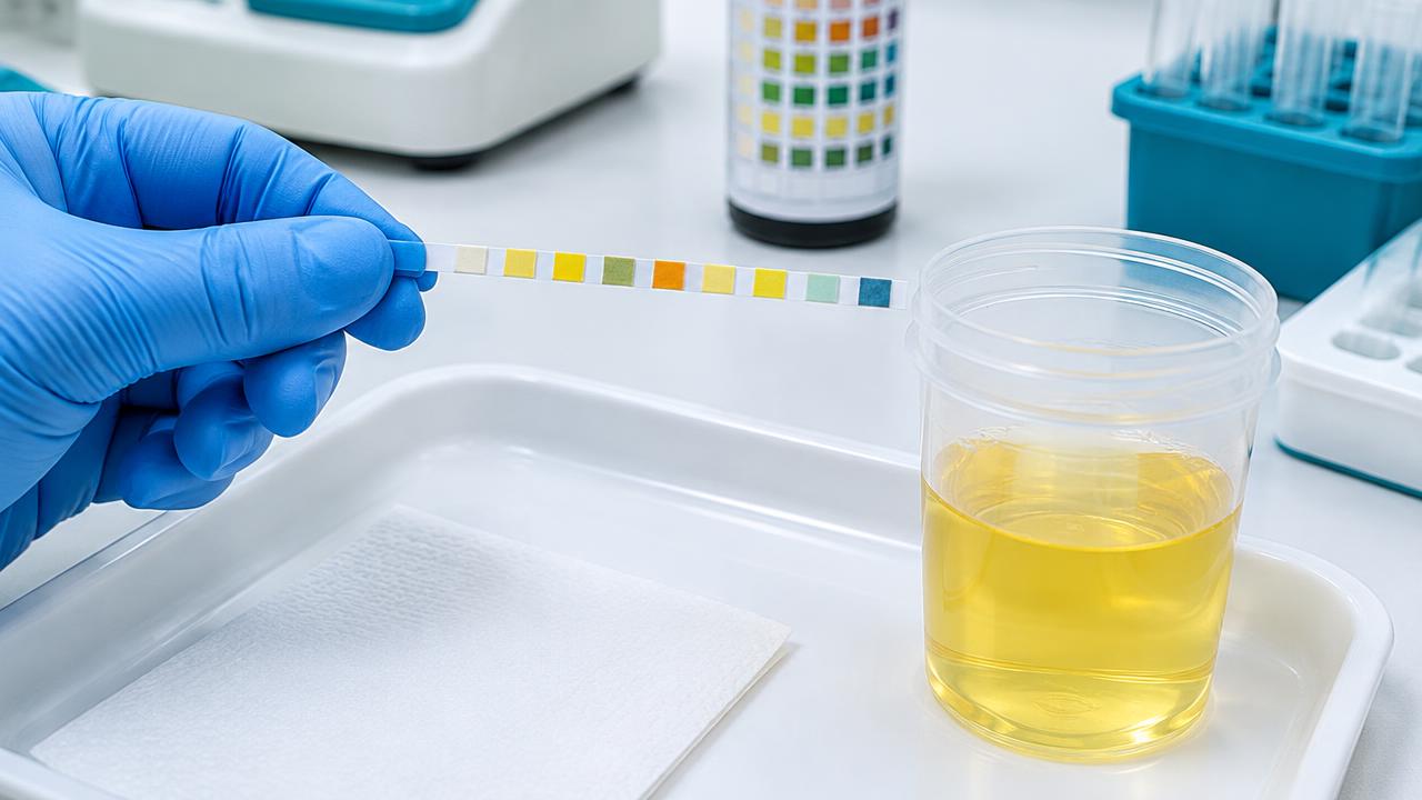 Tira reactiva de laboratorio utilizada para evaluar componentes químicos de la orina.
