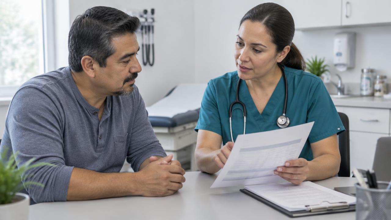 Profesional de salud explicando los resultados de un análisis de sangre durante una consulta médica.