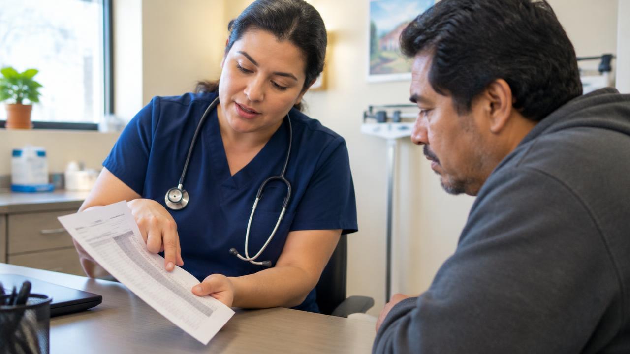 Profesional de salud explicando a un paciente los resultados impresos de su perfil de lípidos.