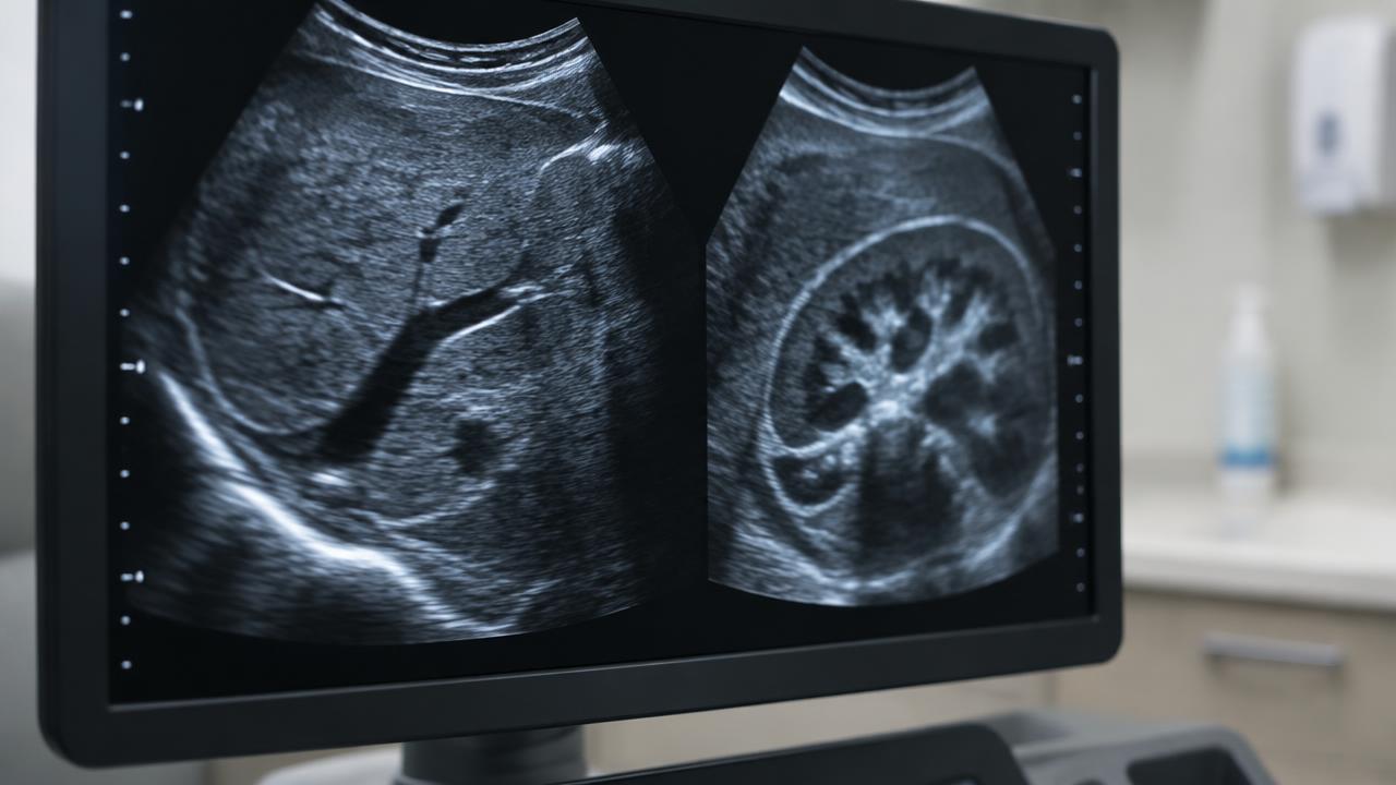 Pantalla de ultrasonido que muestra imágenes de estructuras internas durante un estudio médico.