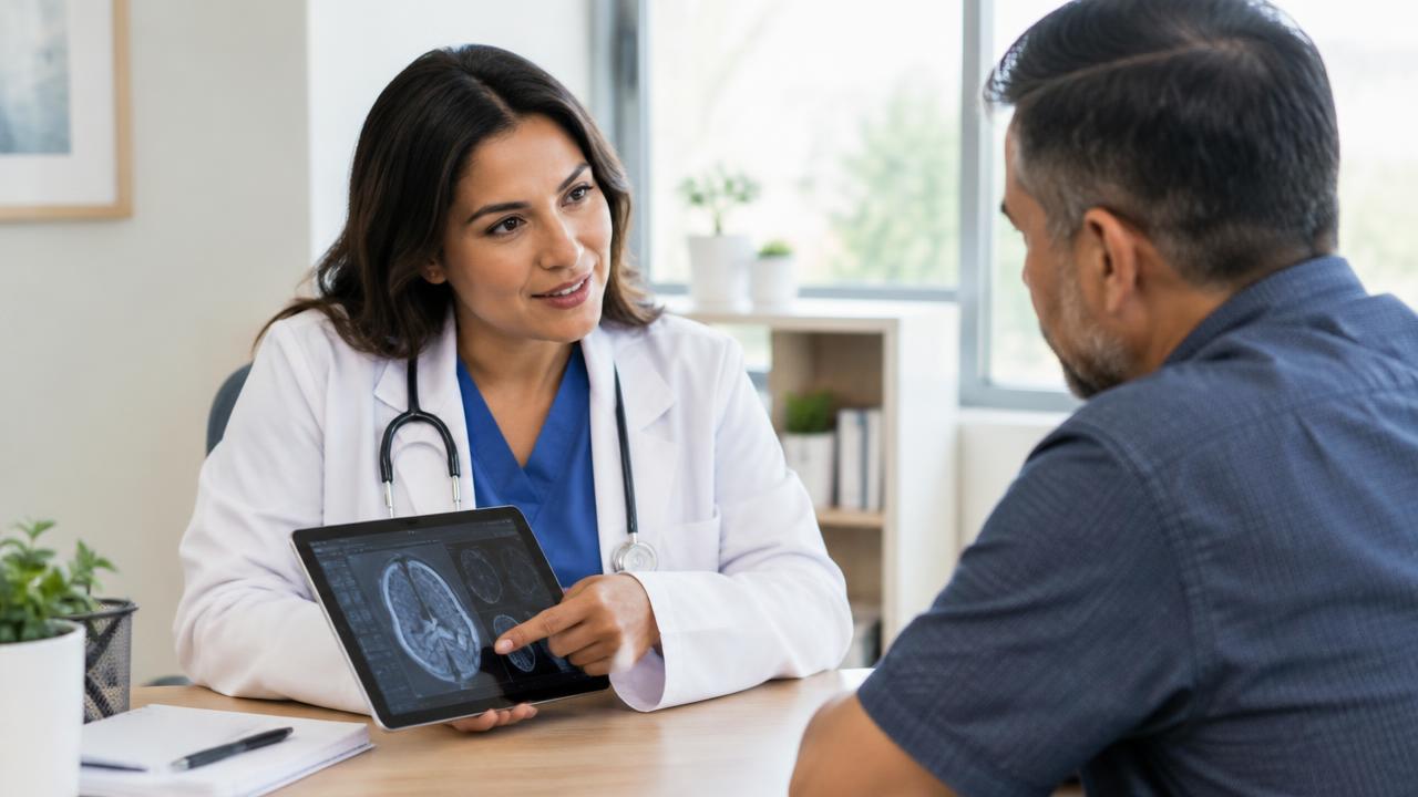Profesional de salud explicando a un paciente los resultados de un estudio médico.