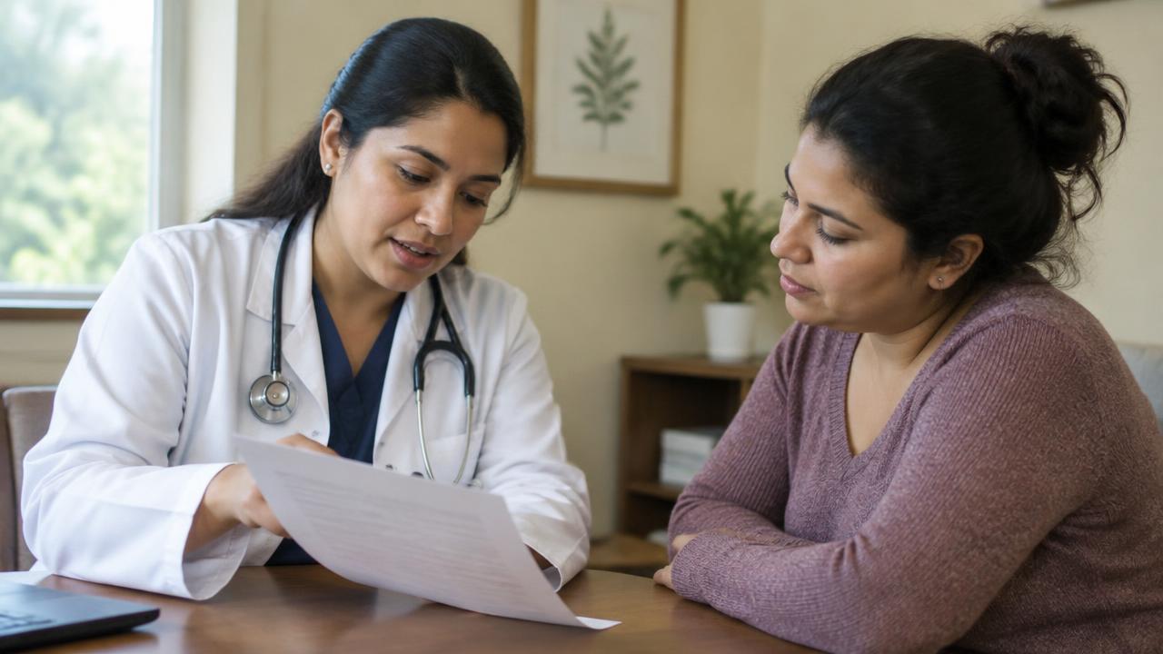 Profesional de salud explicando a una paciente los resultados impresos de sus análisis de laboratorio.