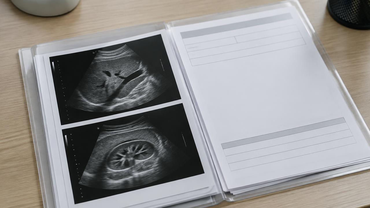 Informes e imágenes de ultrasonidos anteriores preparados para una evaluación médica.
