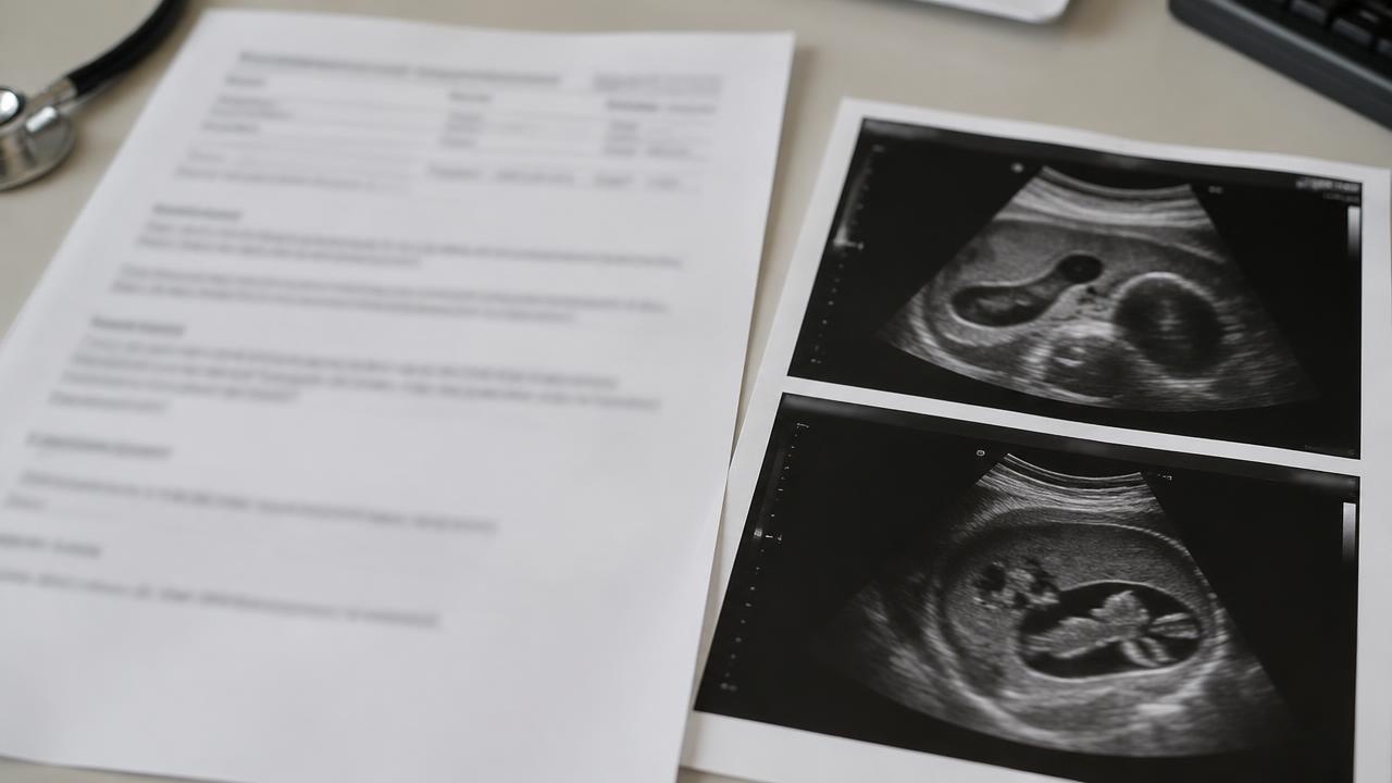 Informe de ultrasonido acompañado de una imagen ecográfica para revisión médica.