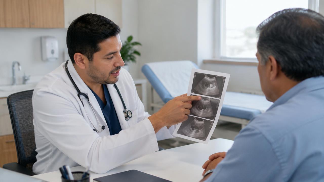 Profesional médico explicando los resultados de un ultrasonido durante una consulta